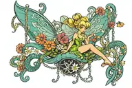 Tinkerbell swinging from an octopus swing wrapped in daisies tattoo design idea