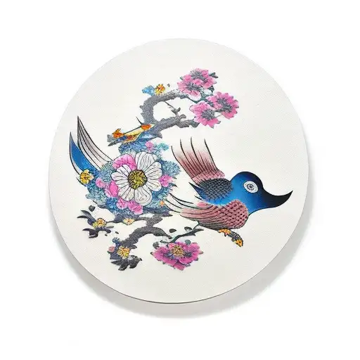 hand fan with a flowers and flying bird tattoo design idea
