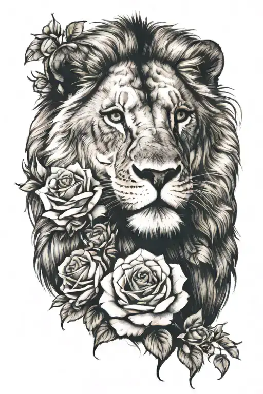male lion, cub, roses intertwined tattoo design idea