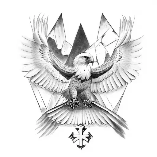 An eagle pulling a cross out of a large fractured rock with its wings spread tattoo design idea