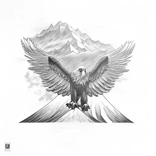 A powerful image of an eagle's wings spread wide, with mountains in the background representing inner strength and resilience tattoo design idea