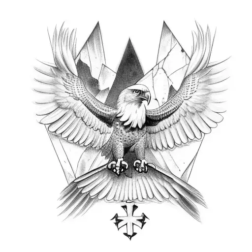 An eagle pulling a cross out of a large fractured rock with its wings spread tattoo design idea