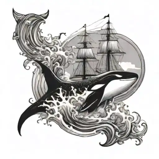 ship sailing through a sea with orca jumping tattoo design idea