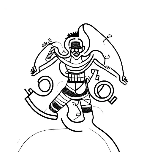 A minimalist tattoo of a person dancing in a club with neon lights and techno music notes in the background tattoo design idea