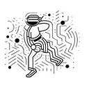 A minimalist tattoo of a person dancing in a club with neon lights and techno music notes in the background tattoo design idea