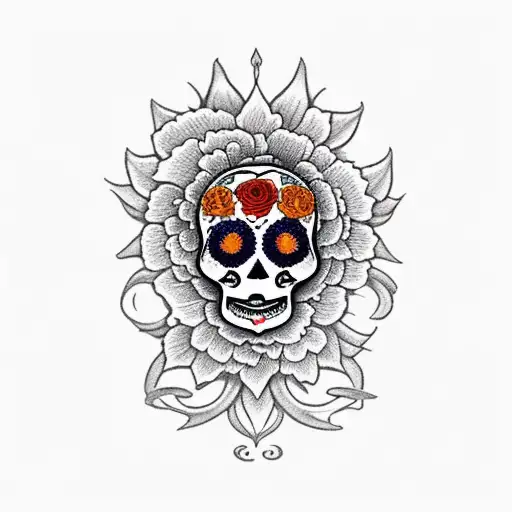 sacred heart, dia de los muertos, orange marigold tattoo design idea