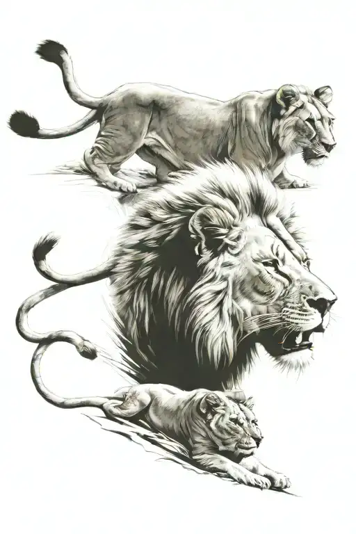 pride of a lion, lioness and 4 lion cubs tattoo design idea