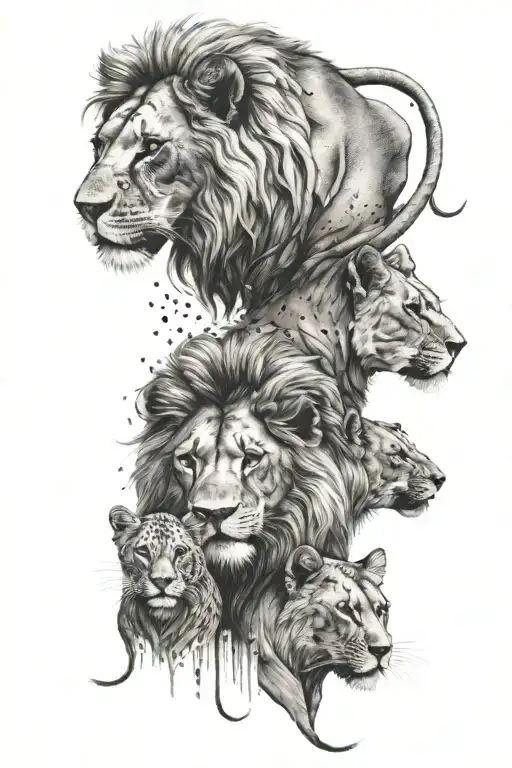 pride of a lion, lioness and 4 lion cubs tattoo design idea