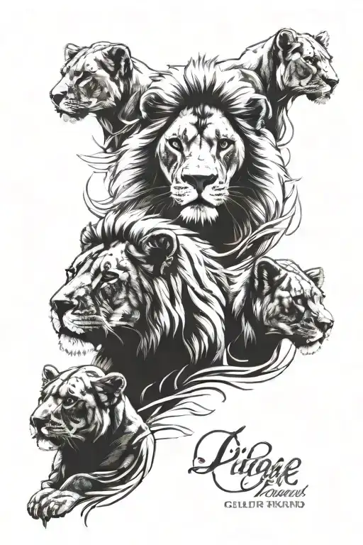 pride of a lion, lioness and 4 lion cubs tattoo design idea