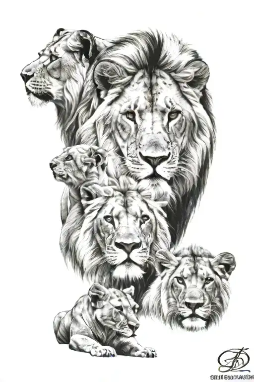 pride of a lion, lioness and 4 lion cubs tattoo design idea