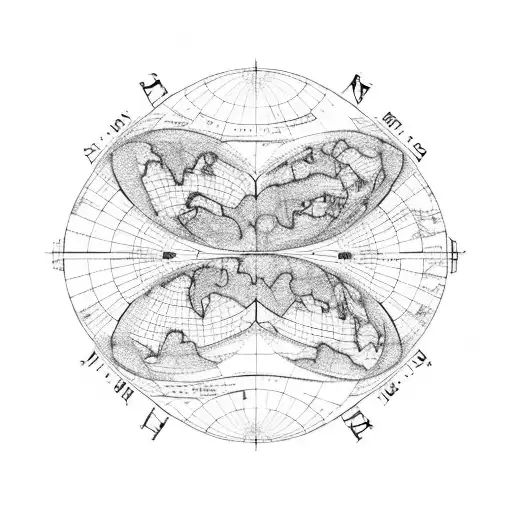 A world map made out of intricate line patterns, with landmarks from different countries and a compass in the center. tattoo design idea