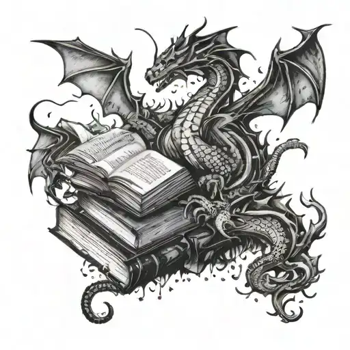 books on top of each other, dragons, mountain, rain, tattoo design idea