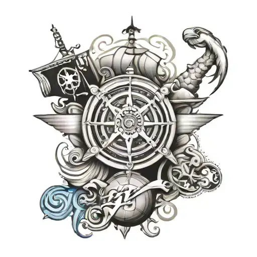 law enforcement tattoo with hammerhead, compass rose, pirate ship tattoo design idea