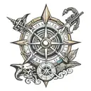 law enforcement tattoo with hammerhead, compass rose, pirate ship tattoo design idea