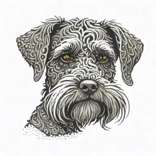 An abstract representation of sound waves forming a Schnauzer's face, with intricate dotwork details tattoo design idea