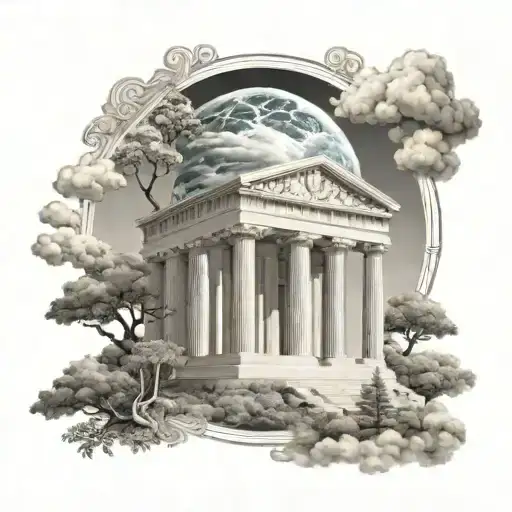 Greek temple with trees, clouds, and planets above tattoo design idea