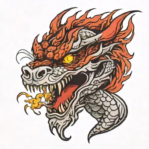 flame smoke fire breath dragon head red eye  tattoo design idea