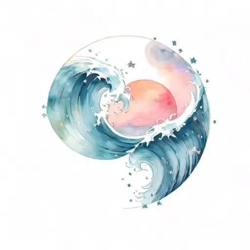 gentle blue wave in a circle with pink peach sky and stars tattoo design idea