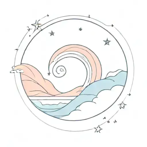 gentle blue wave in a circle with pink peach sky and stars tattoo design idea