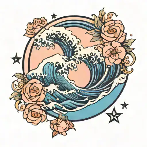gentle blue wave in a circle with pink peach sky and stars tattoo design idea