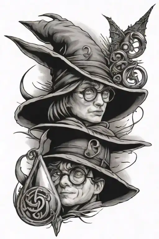 length ways arm tattoo featuring harry potter 9 3/4 numbers, sorting hat, glasses and bolt, snitch and deathly hallows  tattoo design idea