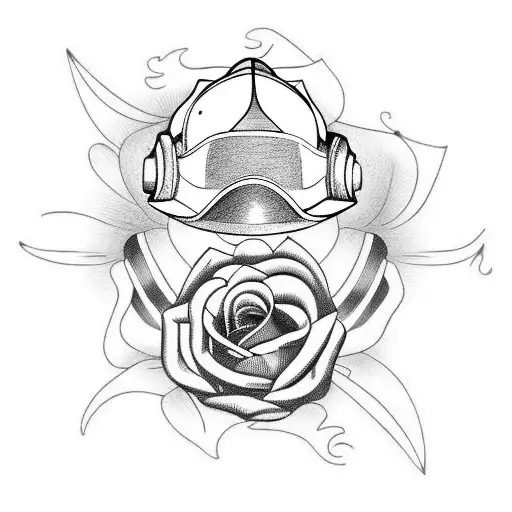 firefighter helmet and roses tattoo design idea