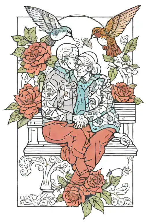 Outline of older couple facing away on a bench granny square blanket over their shoulders hummingbird perched on a feede tattoo design idea