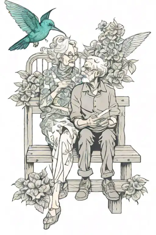 outline of older couple on bench, hummingbird perched on feeder, granny square blanket on their lap tattoo design idea