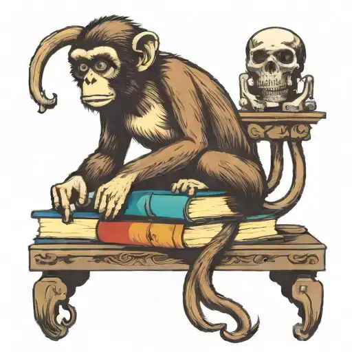 A monkey who is pondering while sitting on a stack of books holding a skull  tattoo design idea