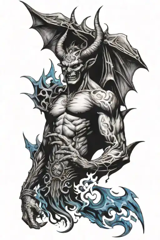 A tattoo design of a menacing yet handsome demon with horns and bat wings, with blue fire in the background. tattoo design idea