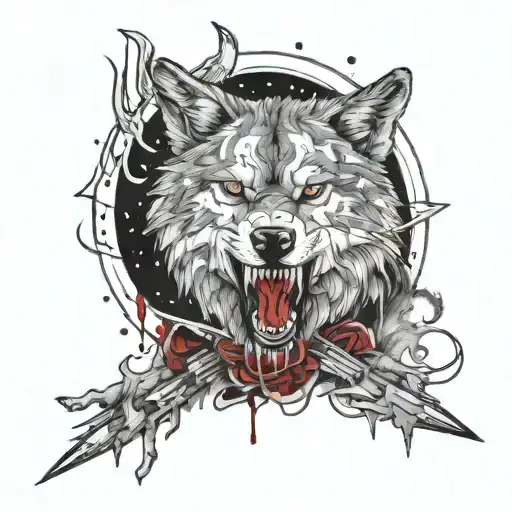 A tattoo design of a feral wolf with blood dripping from its teeth, stabbed by daggers and arrows, full moon background tattoo design idea