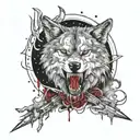 A tattoo design of a feral wolf with blood dripping from its teeth, stabbed by daggers and arrows, full moon background tattoo design idea