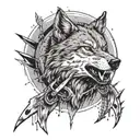 A tattoo design of a feral wolf with blood dripping from its teeth, stabbed by daggers and arrows, full moon background tattoo design idea