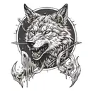 A tattoo design of a feral wolf with blood dripping from its teeth, stabbed by daggers and arrows, full moon background tattoo design idea