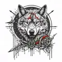 A tattoo design of a feral wolf with blood dripping from its teeth, stabbed by daggers and arrows, full moon background tattoo design idea