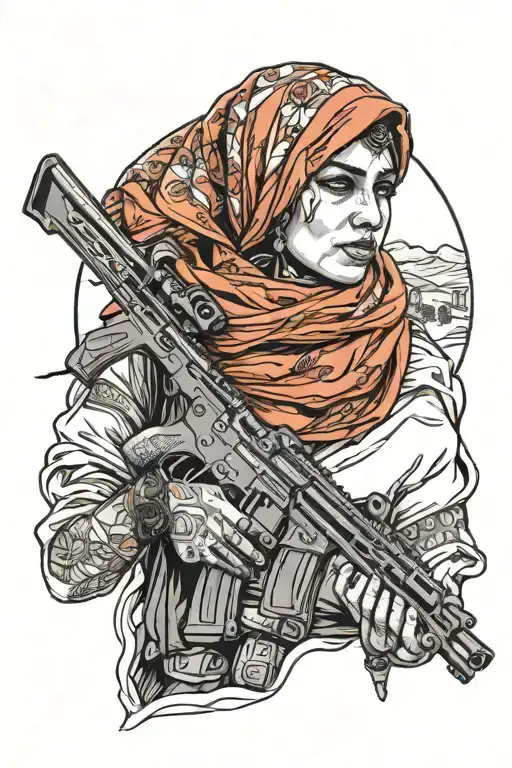 palestinian bedouin woman holding rifle  tattoo design idea