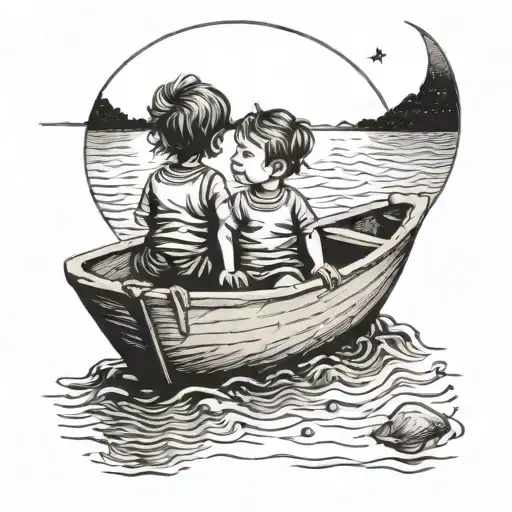 fine line tattoo of 2 children in a boat looking up at the moon tattoo design idea