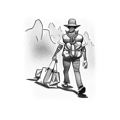 one-punchman walking to his full height with bags of food. This should be a side view. His clothes are a Hawaiian shirt, tattoo design idea