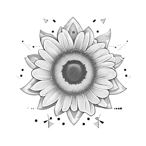 A daisy made up of geometric shapes, with coffee beans scattered around it tattoo design idea