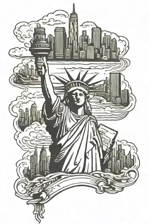 nyc skyline with Statue of Liberty holding metro card tattoo design idea