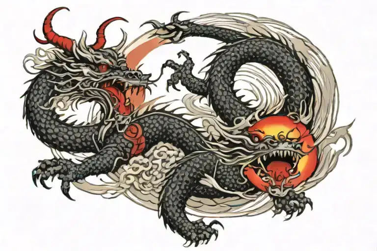 dragon with red sun, transition to mountains with chinese village and at the end two-faced japanese spirit with good and bad face tattoo design idea