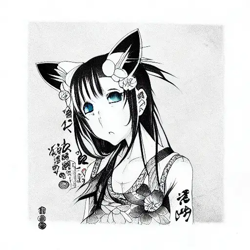 anime girl's head with neko ears tattoo design idea