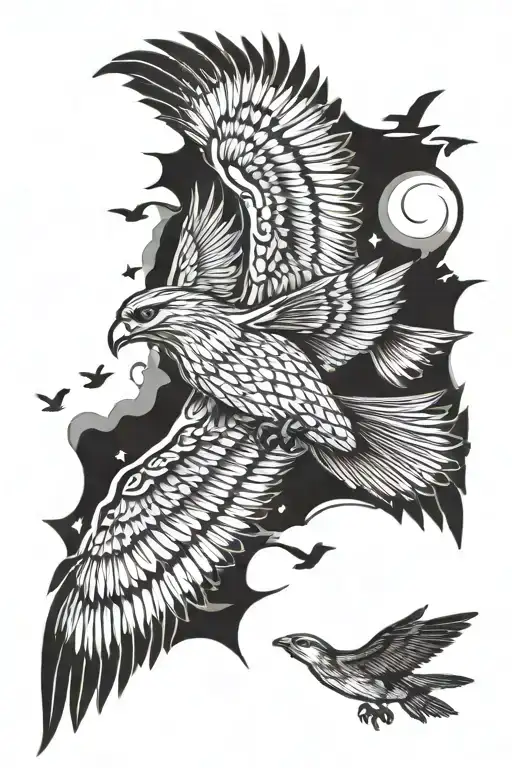 hawk soaring rocket and birds tattoo design idea