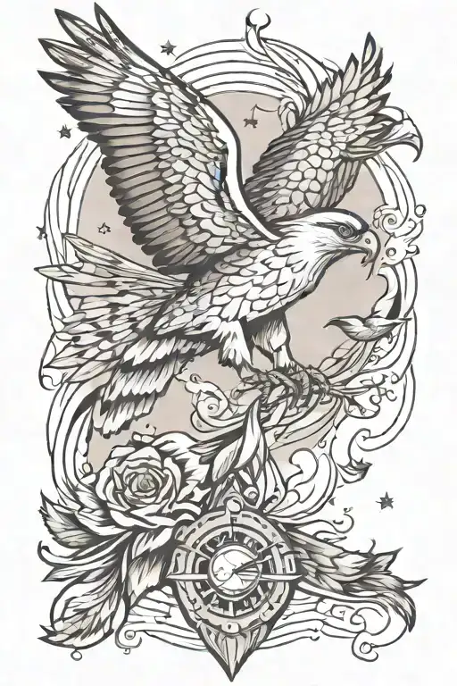 hawk soaring rocket and birds tattoo design idea