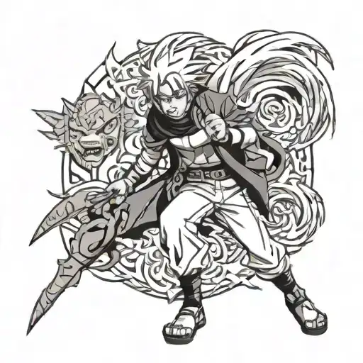 Naruto shippuden with angry face and full body with kurama lurking in the background tattoo design idea