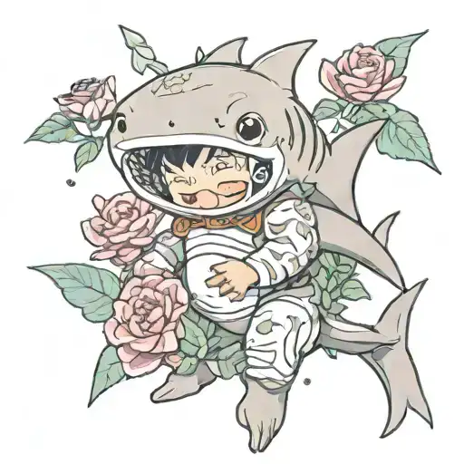 4-year-old human baby, in a shark costume, with a serious face, surrounded by flowers tattoo design idea