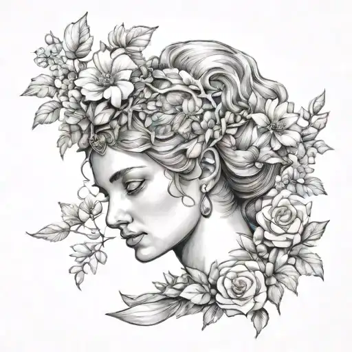 Face of the goddess Diana the huntress looking sideways, surrounded by flowers tattoo design idea