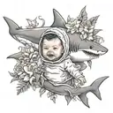 4-year-old human baby, in a shark costume, with a serious face, surrounded by flowers tattoo design idea