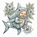 4-year-old human baby, in a shark costume, with a serious face, surrounded by flowers tattoo design idea
