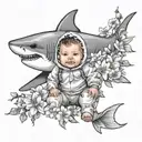 4-year-old human baby, in a shark costume, with a serious face, surrounded by flowers tattoo design idea